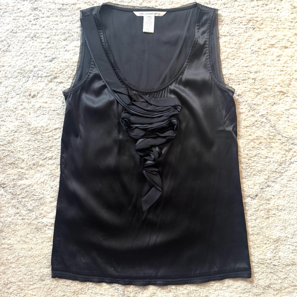 Diane Von Furstenberg Black Satin Ruffle Sleeveless Blouse